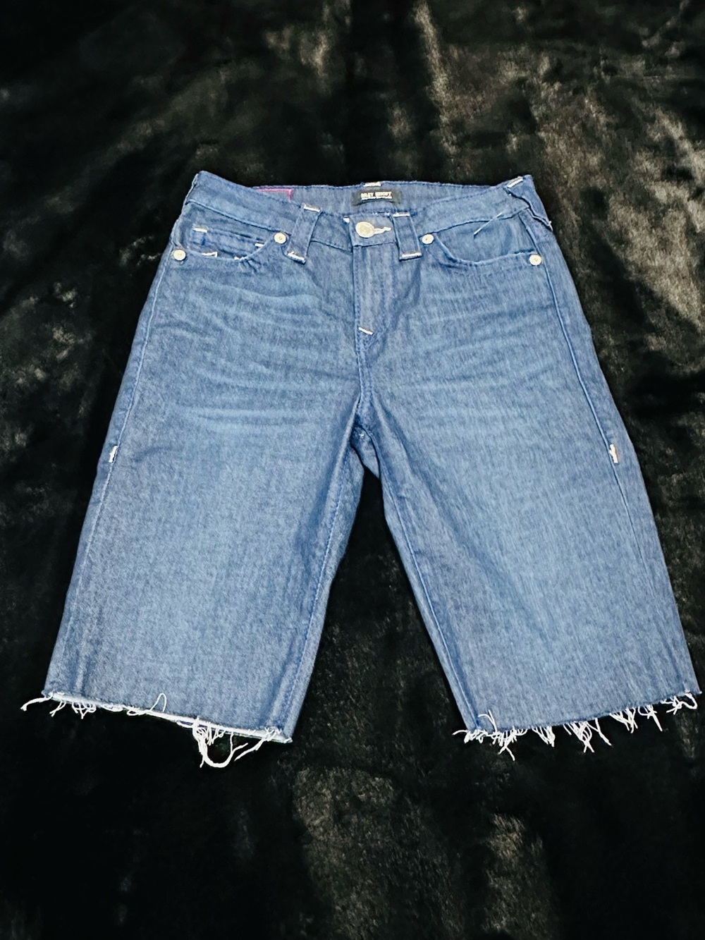 NWOT True Religion Denim Bermuda Shorts Raw Hem Dark Blue